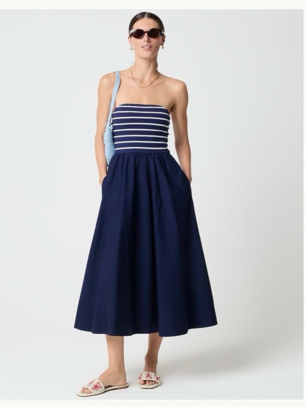 NWT J.Crew Navy White striped sweetheart A-line midi sundress pockets Sz M $128
